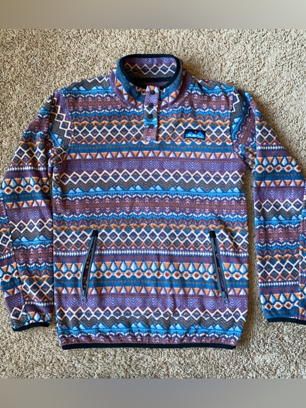 KAVU Fleece Pullover Womens Small Purple Snap Aztec Geometric Pockets Mock Neck